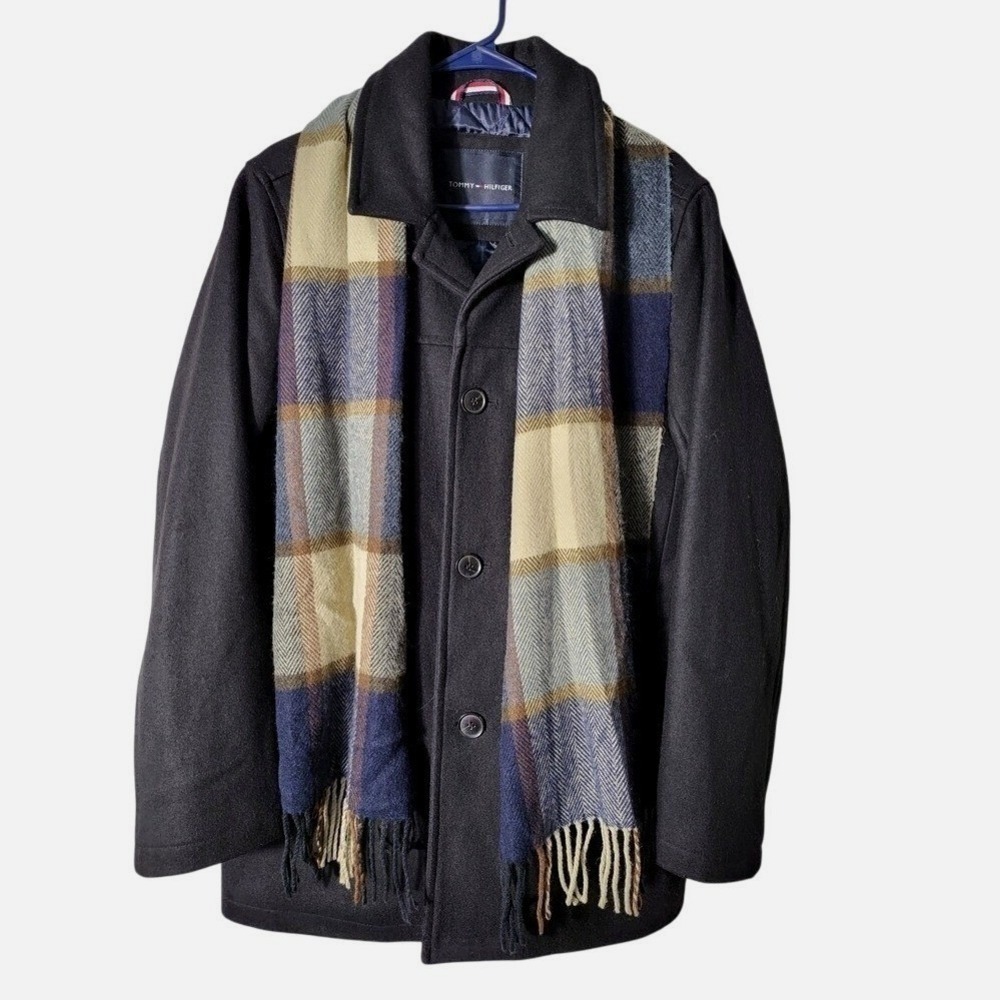 Tommy Hilfiger Mens Navy Blue Wool Blend Walker Coat with Plaid Scarf Size S - Picture 2 of 9